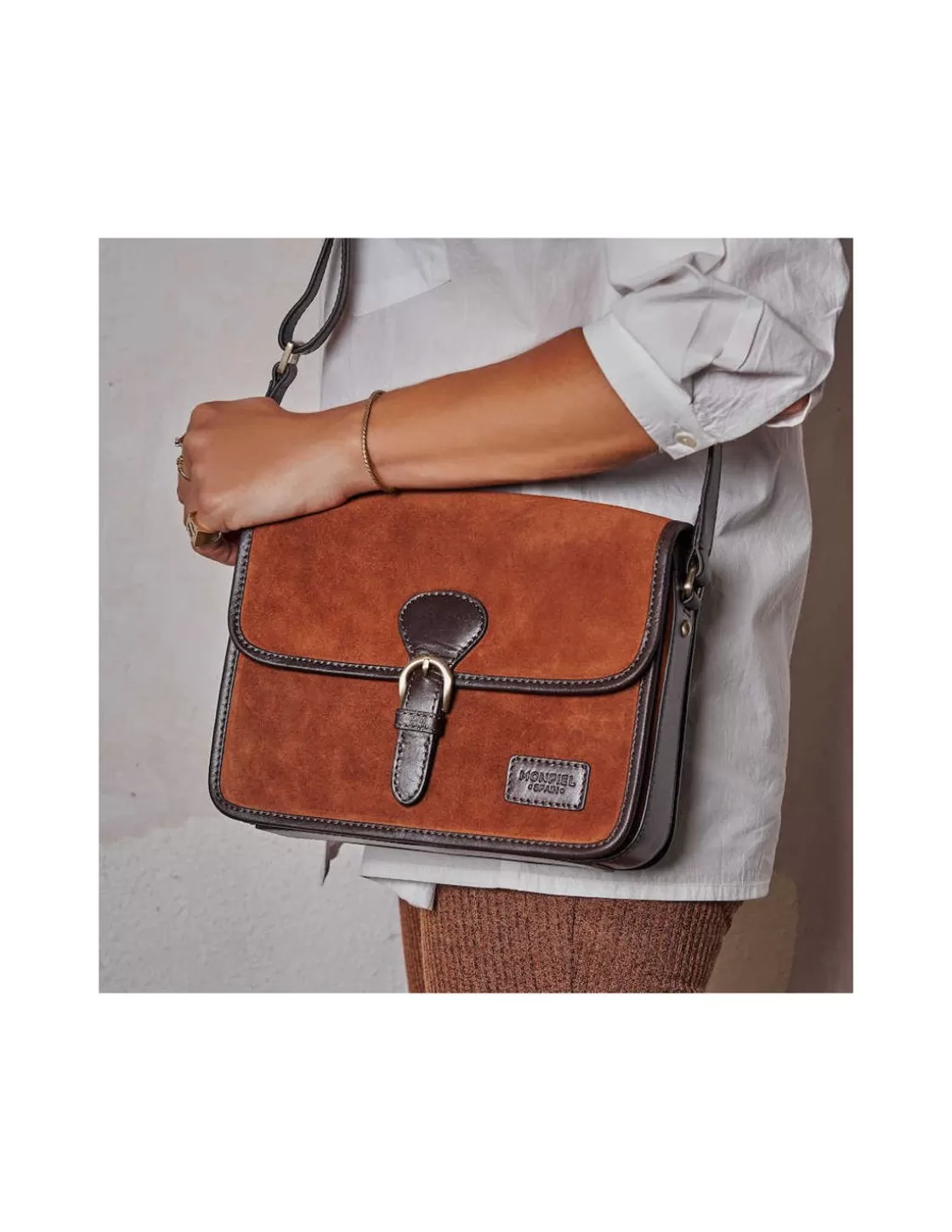MONPIEL Women'S Leather Bag^Buckle Satchel Bag Tan Suede