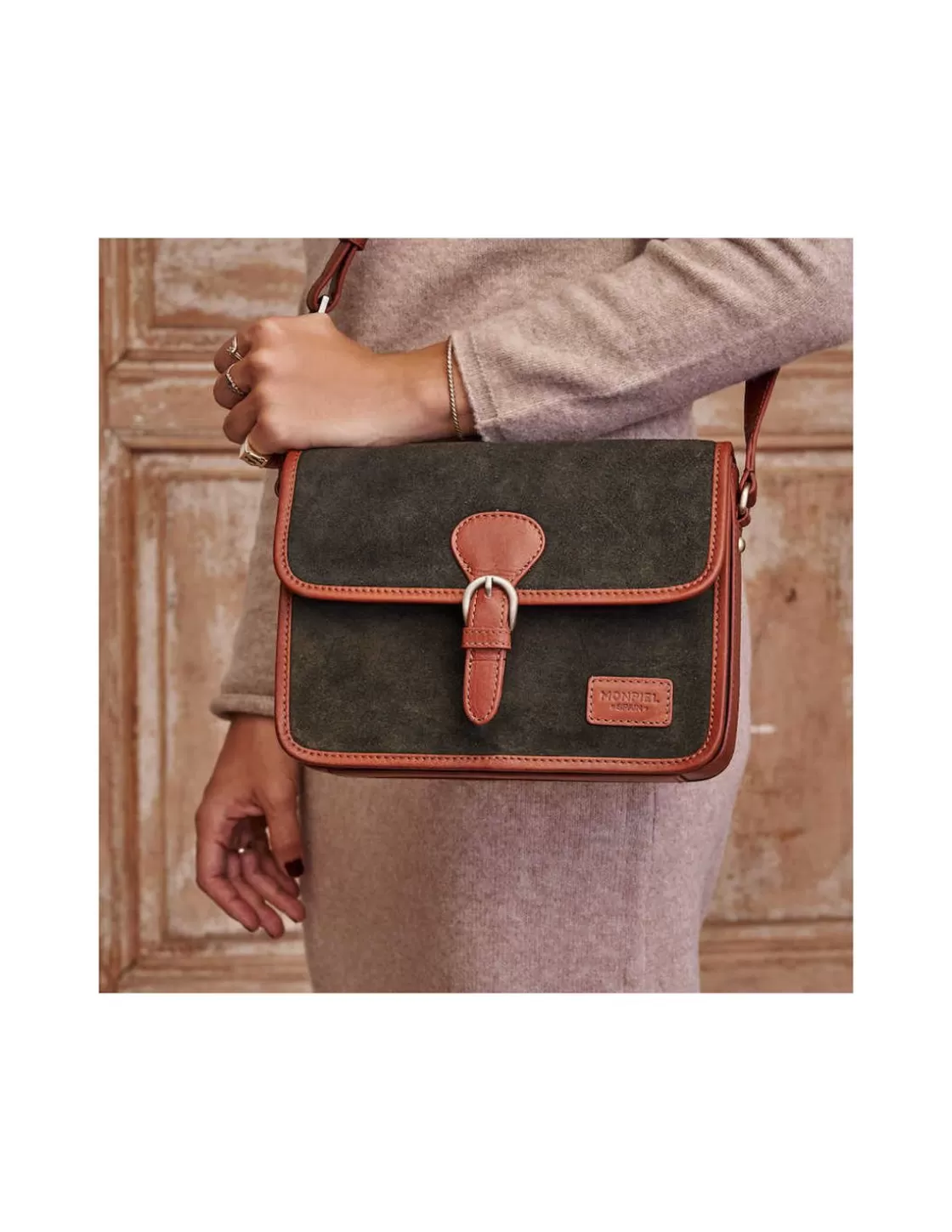 MONPIEL Women'S Leather Bag^Buckle Satchel Bag Green Suede