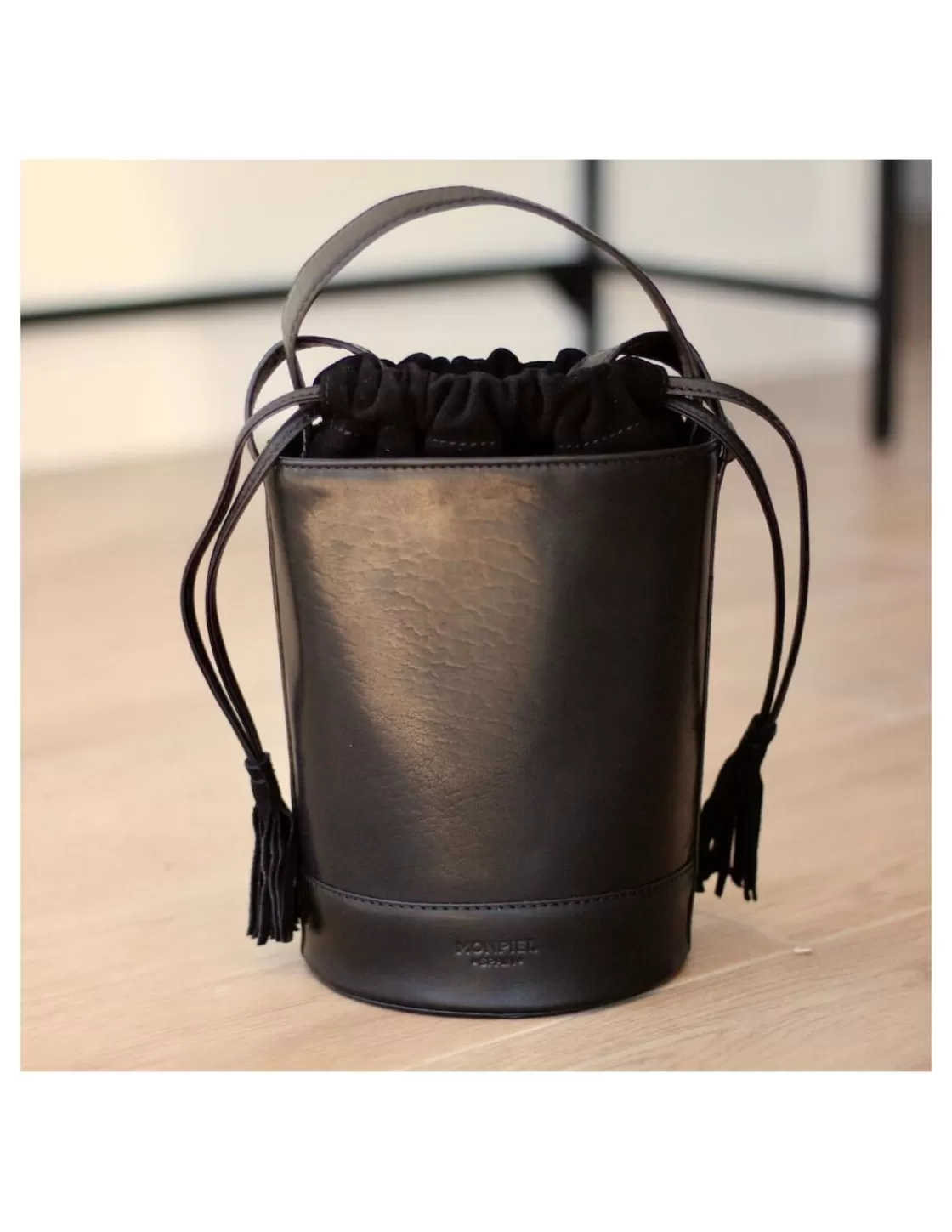 MONPIEL Women'S Leather Bag^Mini Bucket Round Bag Black