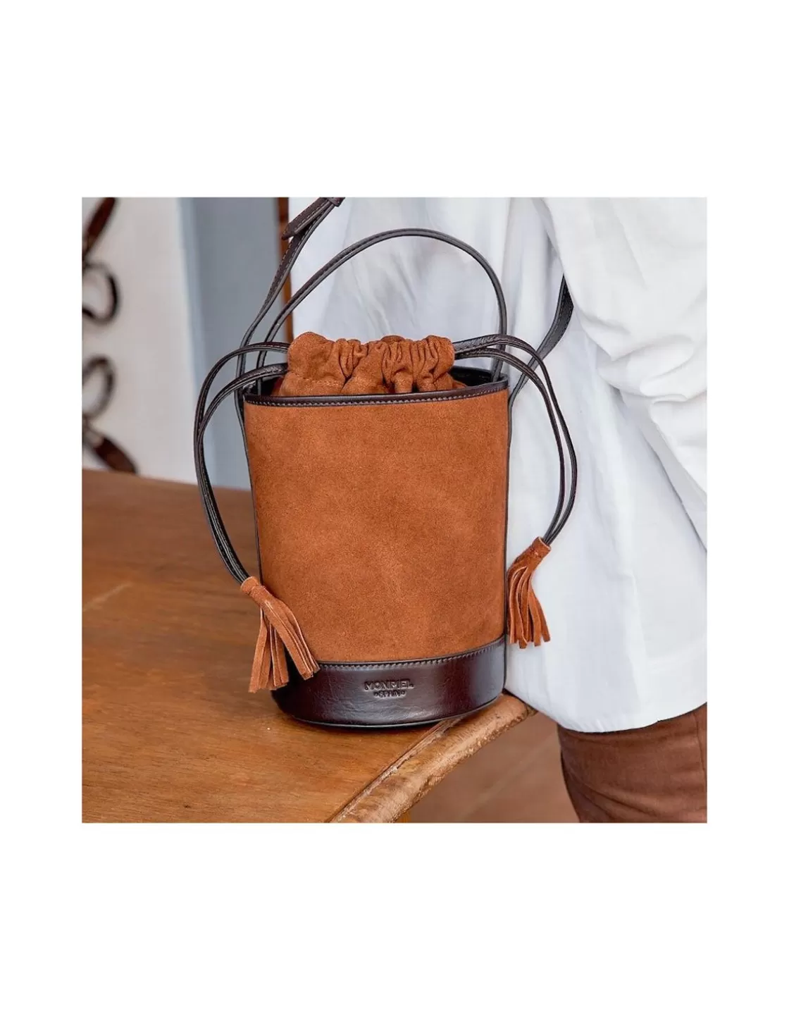 MONPIEL Women'S Leather Bag^Mini Bucket Round Bag Tan Suede