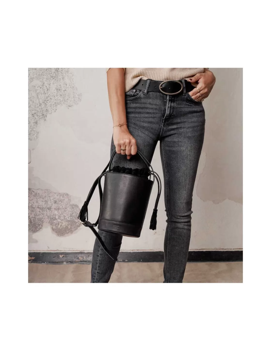MONPIEL Women'S Leather Bag^Mini Bucket Round Bag Black
