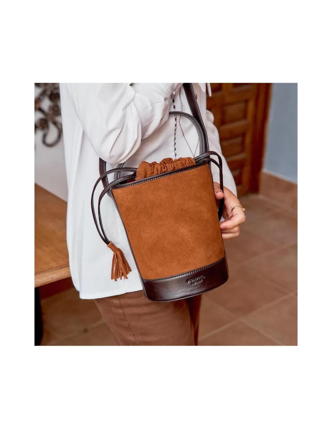 MONPIEL Women'S Leather Bag^Mini Bucket Round Bag Tan Suede