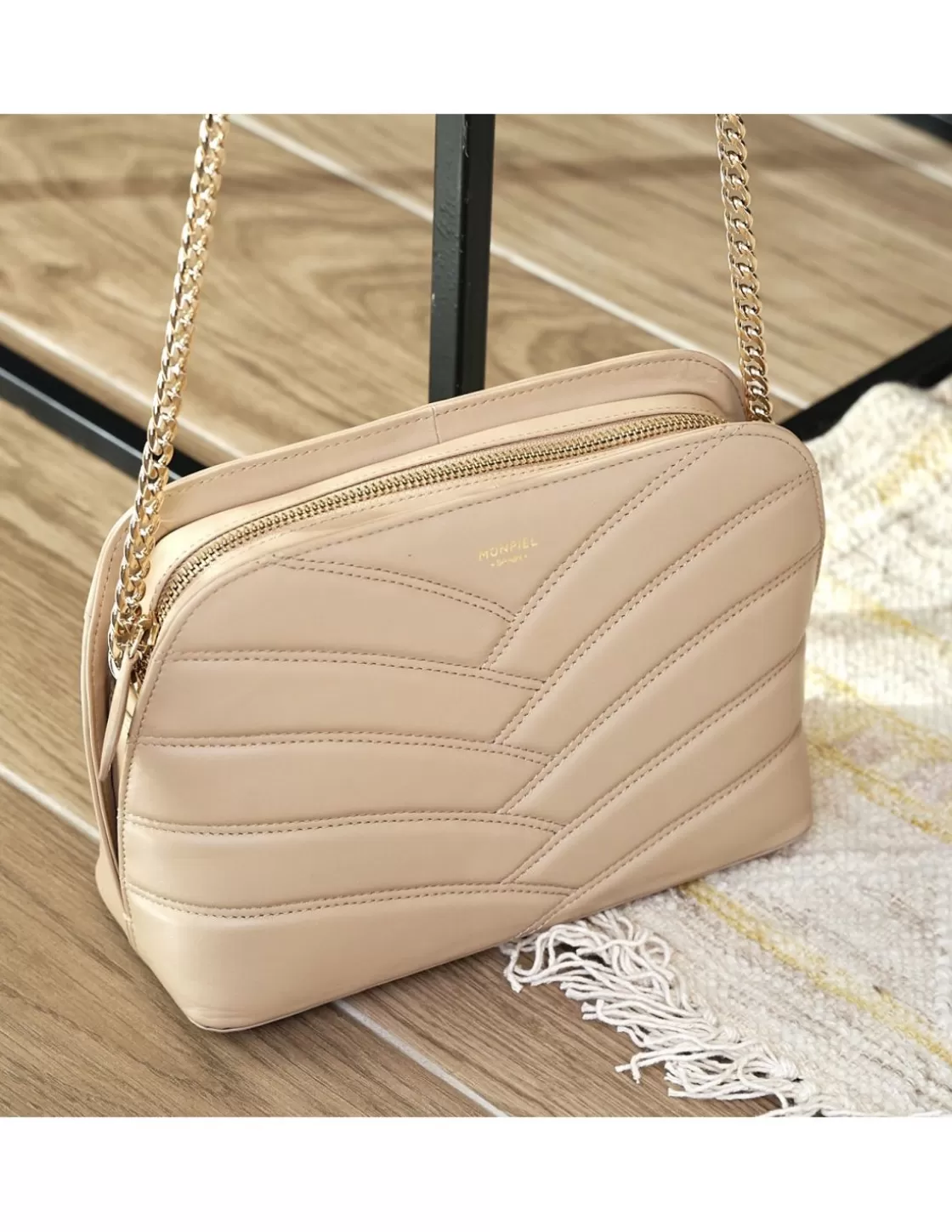 MONPIEL Women'S Leather Bag^Quilted Leather Bag With Gold Chain Beige