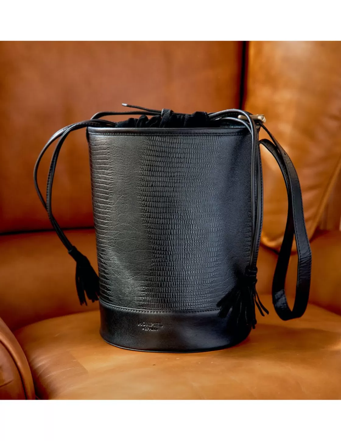 MONPIEL Women'S Leather Bag^Round Bucket Bag Black Snake