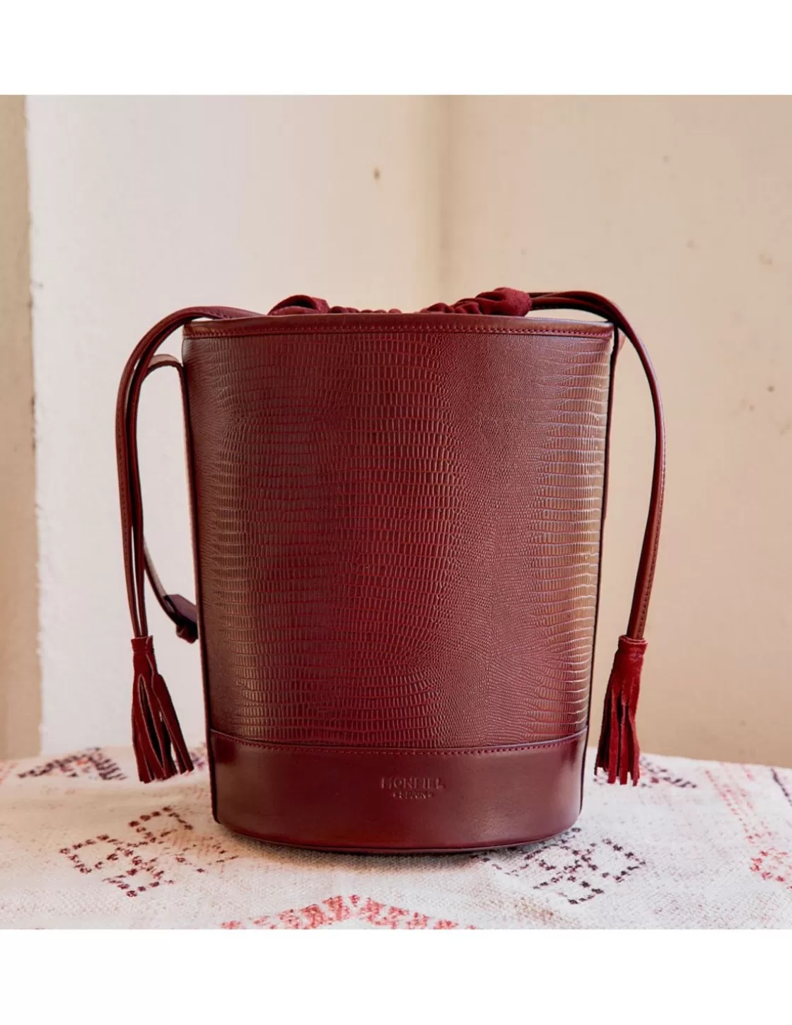 MONPIEL Women'S Leather Bag^Round Bucket Bag Burgundy Snake