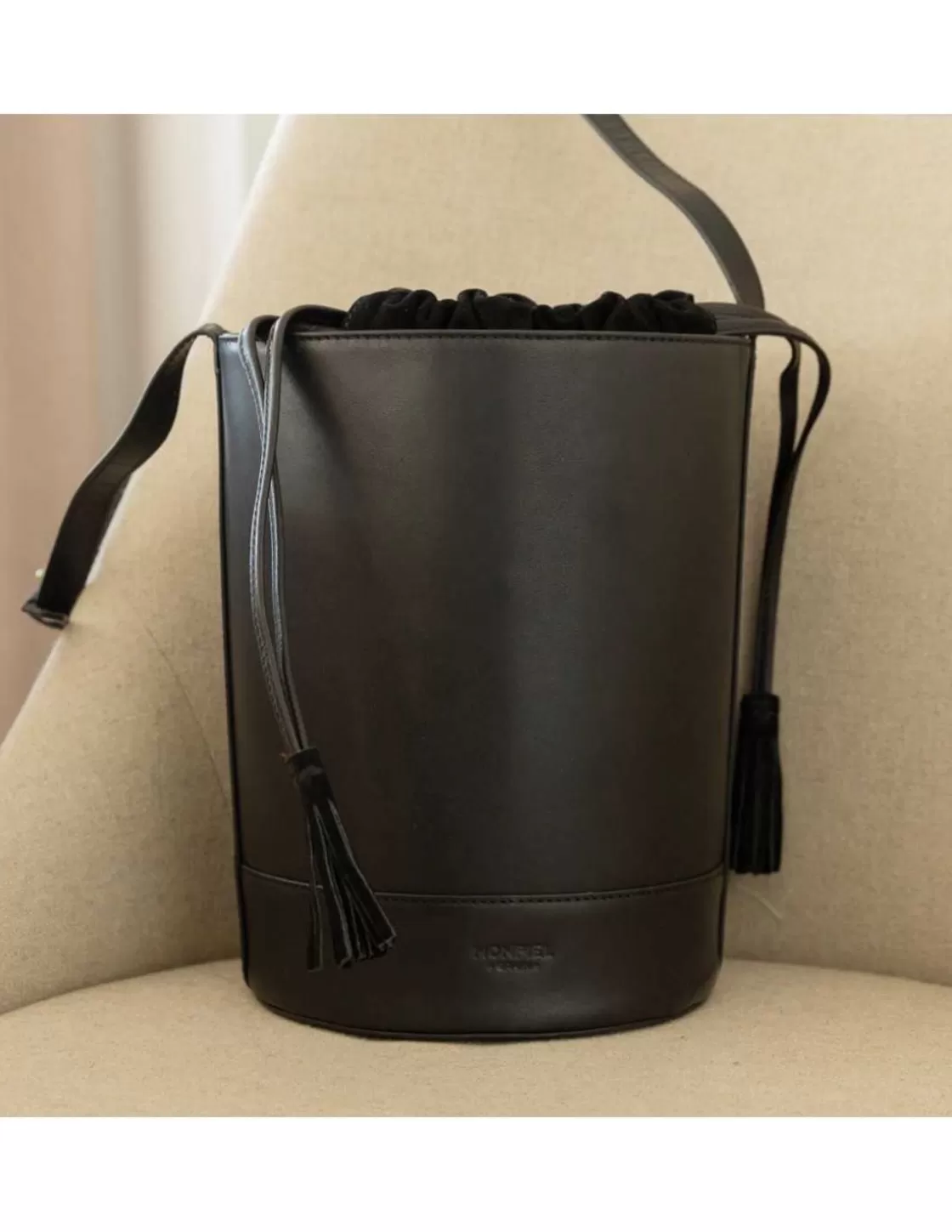 MONPIEL Women'S Leather Bag^Round Bucket Bag Black