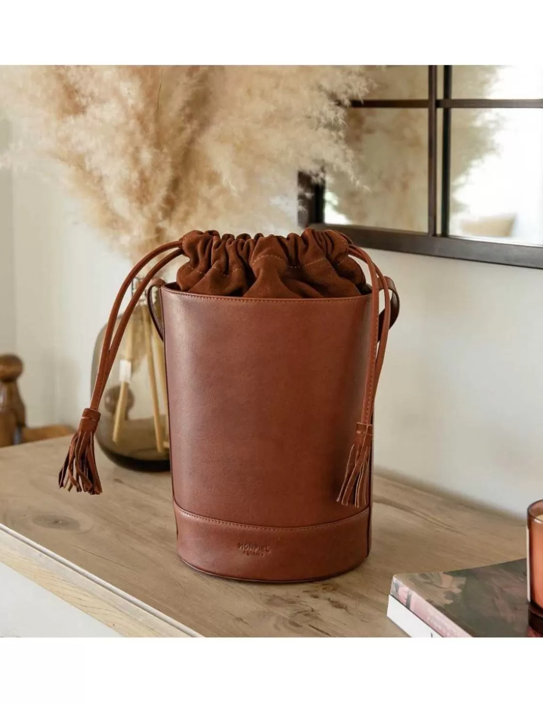 MONPIEL Women'S Leather Bag^Round Bucket Bag Havana
