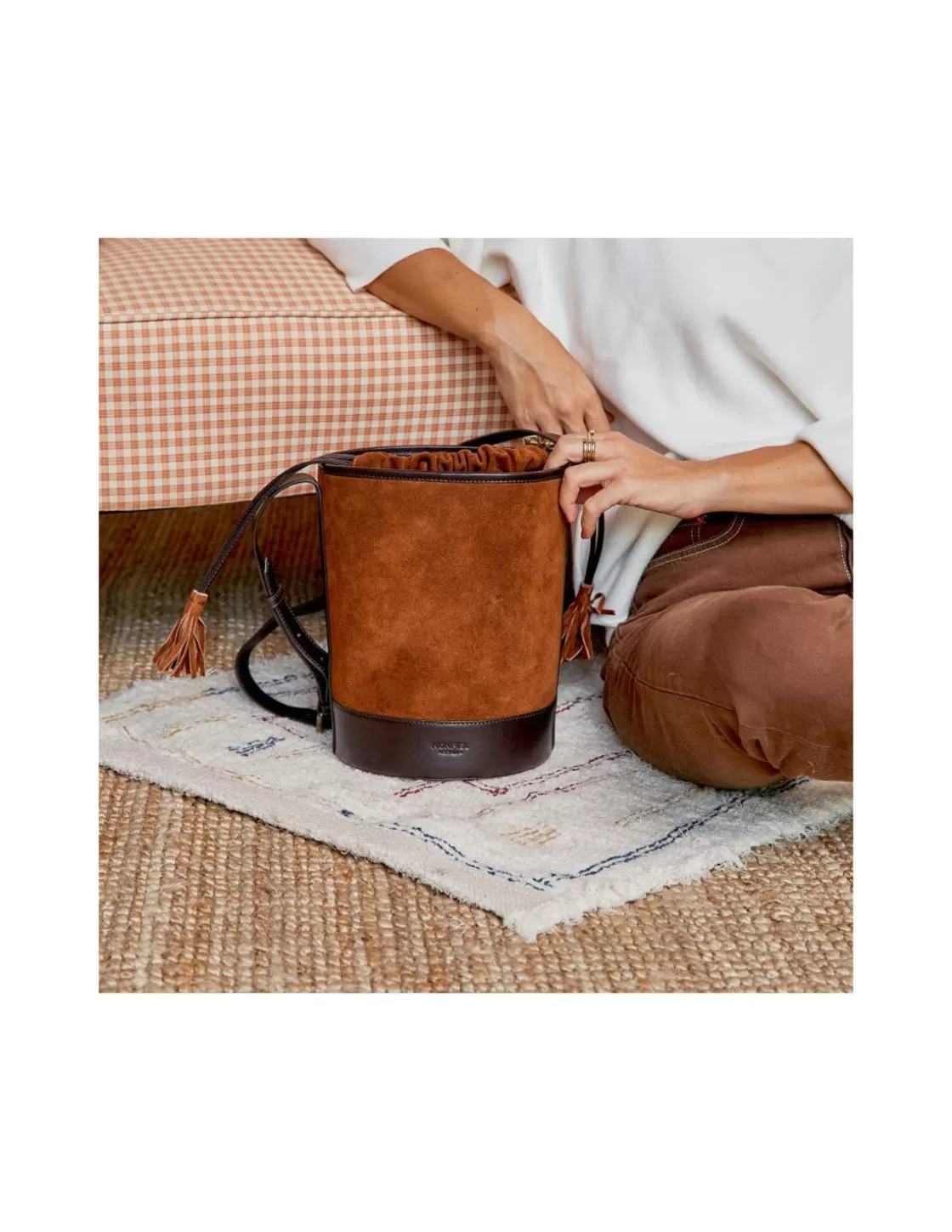 MONPIEL Women'S Leather Bag^Round Bucket Bag Tan Suede