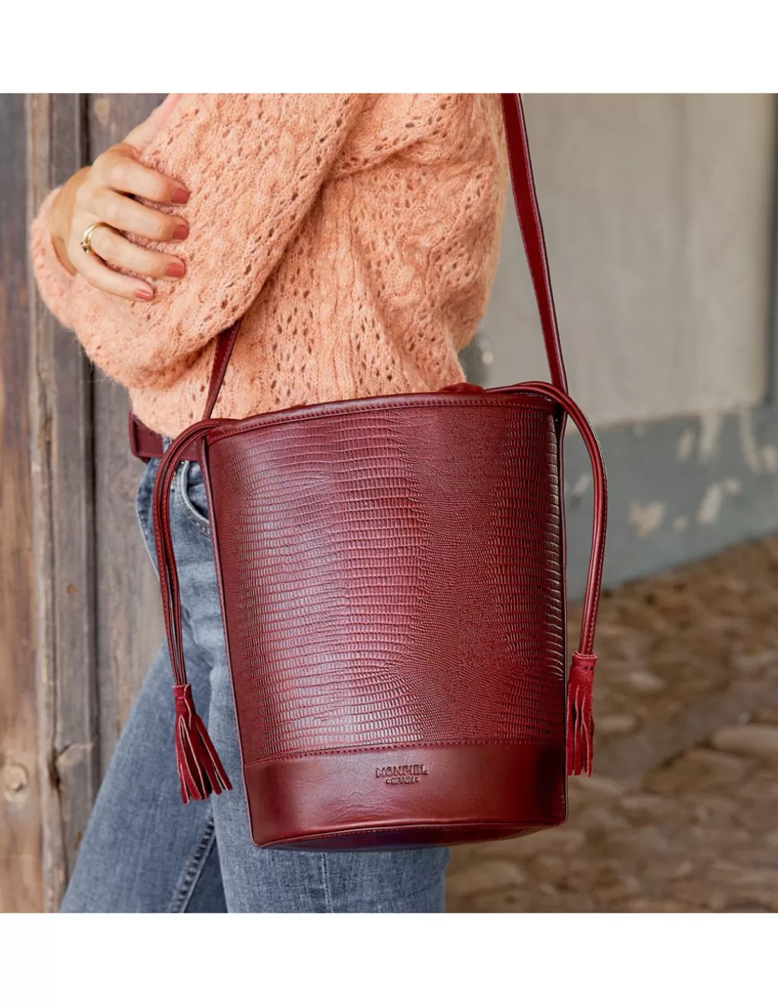 MONPIEL Women'S Leather Bag^Round Bucket Bag Burgundy Snake