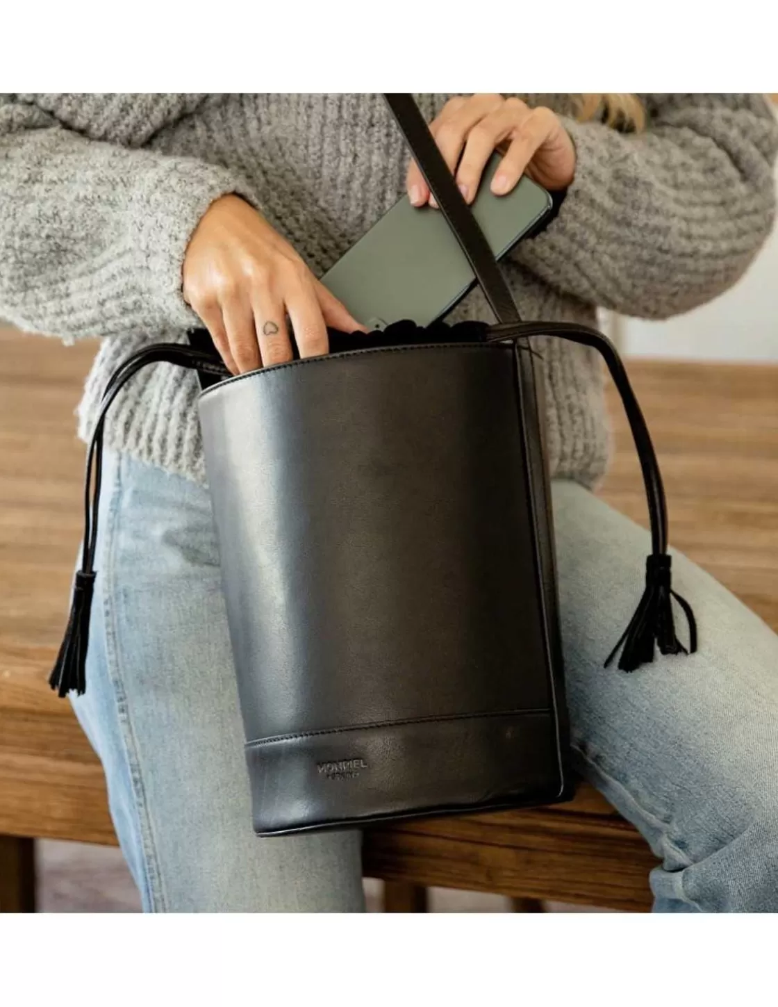 MONPIEL Women'S Leather Bag^Round Bucket Bag Black