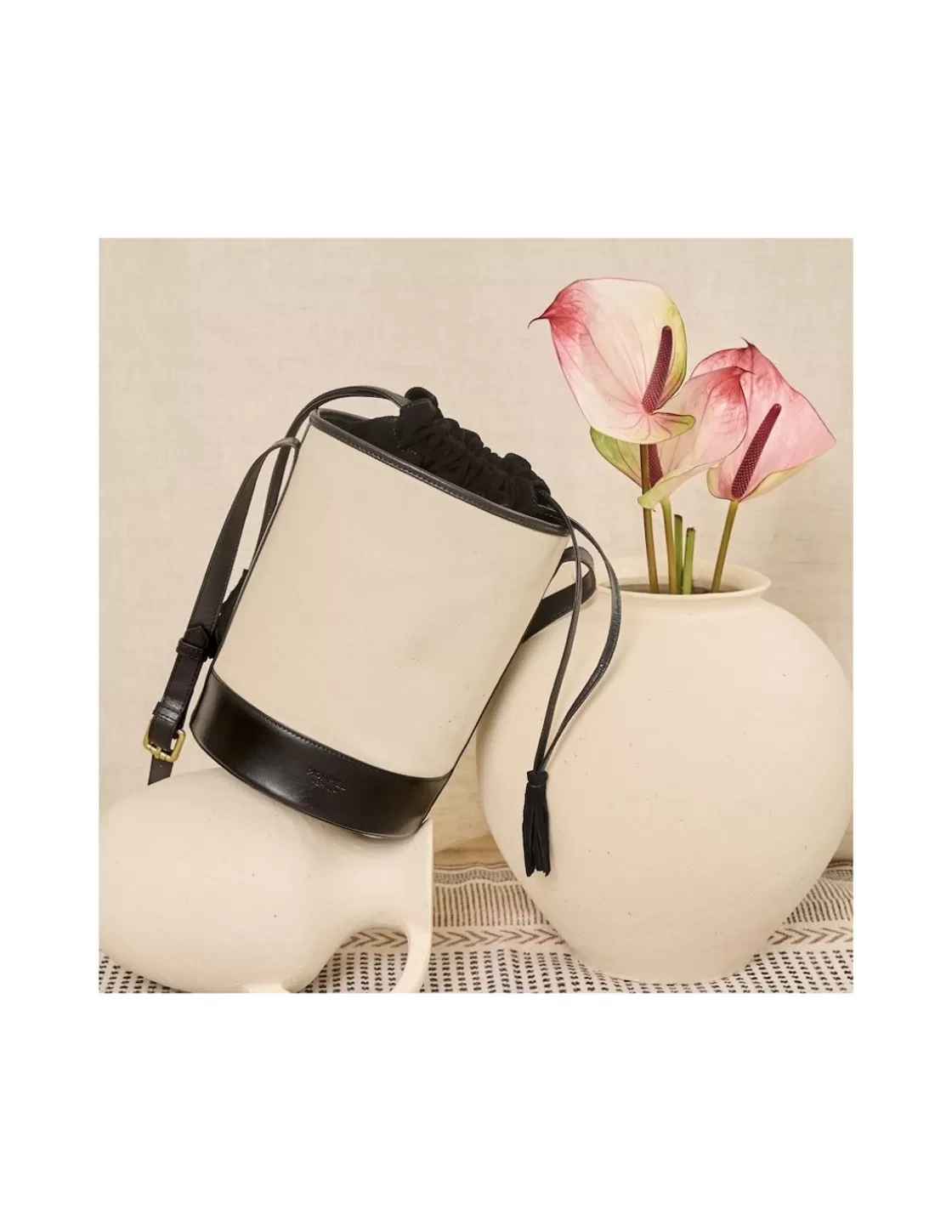 MONPIEL Women'S Leather Bag^Round Canvas Bucket Bag Black