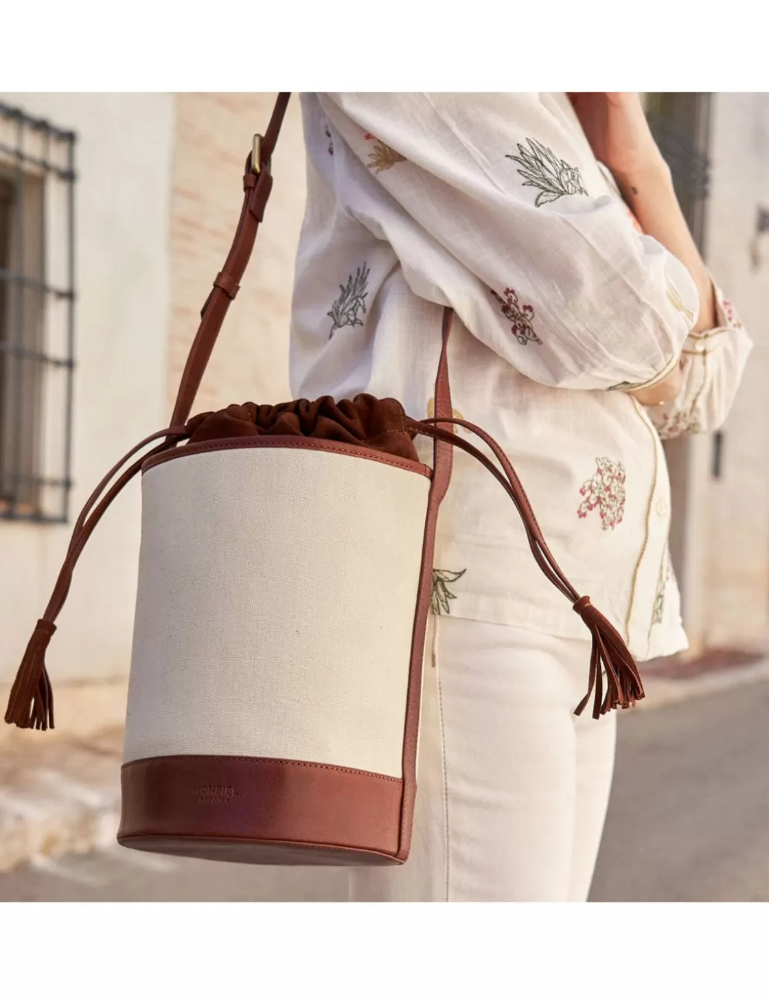 MONPIEL Women'S Leather Bag^Round Canvas Bucket Bag Leather