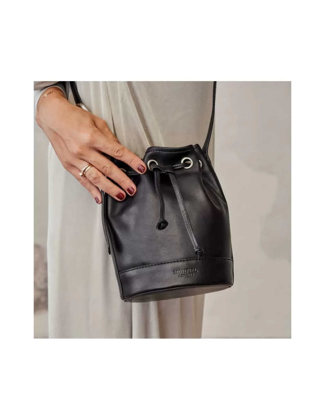 MONPIEL Women'S Leather Bag^Small Bucket Bag Black