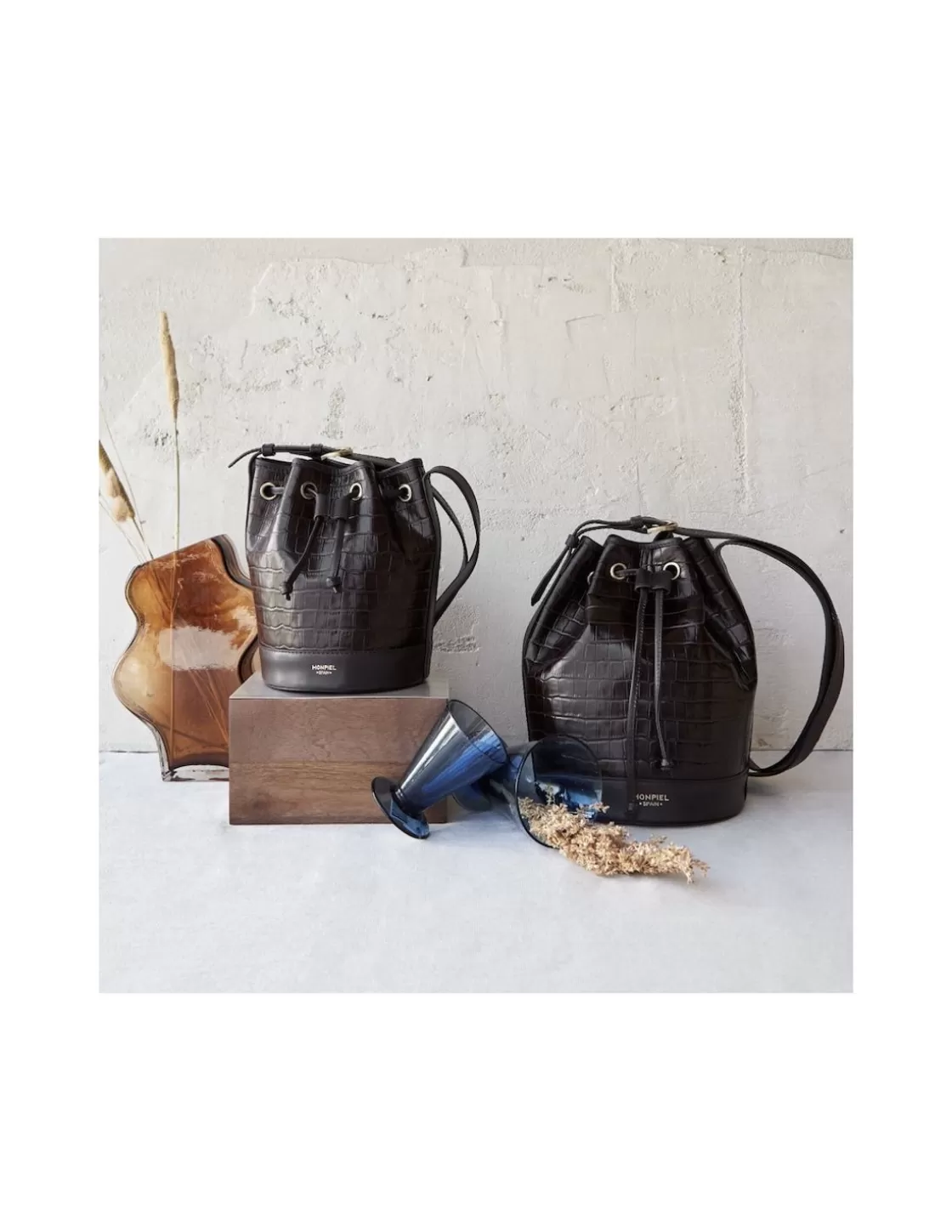 MONPIEL Women'S Leather Bag^Small Bucket Bag Coco Brown