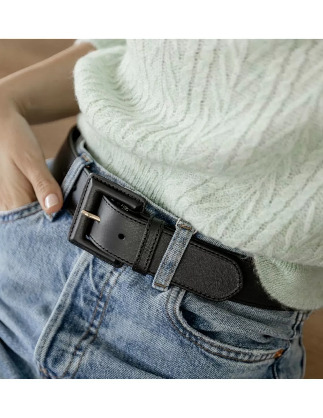 MONPIEL Women'S Leather Belts^Wide Leather Belt With Lined Buckle Black